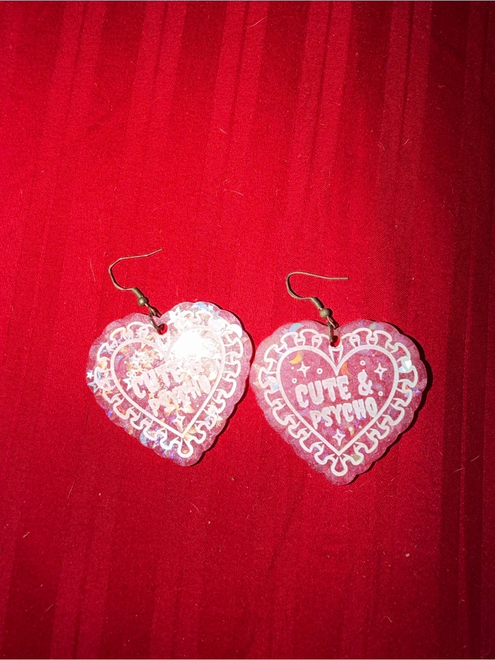 Cute & Psycho Heart Dangle Earrings - Pink Holographic